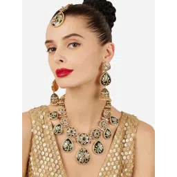 Zaveri Pearls Green Meenakari Lotus Kundan Stone Bridal Jewellery Set-picture-25