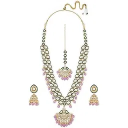 zaveri pearls Green Meenakari Purple Beads Dazzling Long Bridal Necklace Earring & Maangtikka Set For Women-ZPFK21292-picture-14