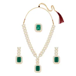 Zaveri Pearls Green Statement Stones Austrian Diamonds Lotus Necklace Earring & Ring Set-picture-19