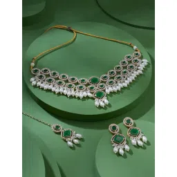 Zaveri Pearls Green Stones & Bead Drops Choker Necklace Earring & Maangtikka Set-ZPFK17791-image-46