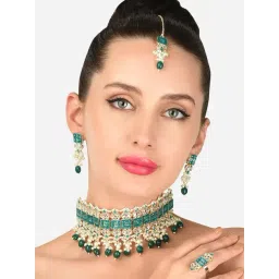 Zaveri Pearls Green Stones & Beads Kundan Choker Necklace Earring Maangtikka & Ring Set-ZPFK12202-picture-38