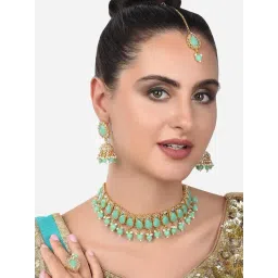 Zaveri Pearls Green Stones & Beads Kundan Choker Necklace Earring Maangtikka & Ring Set-ZPFK14386-picture-36