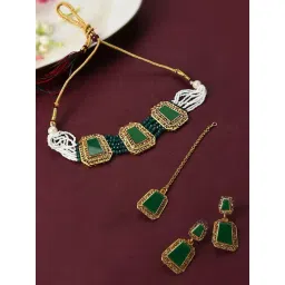 Zaveri Pearls Green Stones & Crystal Shine Beads Choker Necklace Earring & Maangtikka Set-ZPFK10001-picture-12