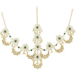 zaveri pearls Green Stones Bridal Kundan Floral & Crescent Shape Mathapatti Style Maangtikka For Women-ZPFK12622-picture-42