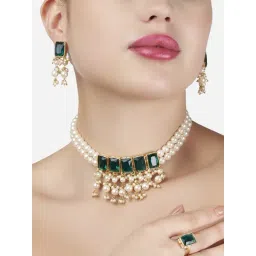 Zaveri Pearls Green Stones Multistrand Pearls Cluster Choker Necklace Earring & Ring Set-ZPFK13199-picture-24