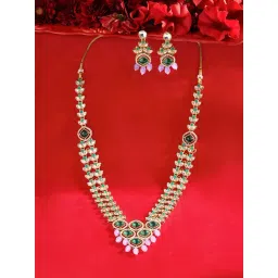 Zaveri Pearls Green Stones Purple Beads Traditional Kundan Necklace & Earring Set-picture-22