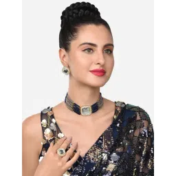Zaveri Pearls Grey & Blue Multistrand Ethnic Choker Necklace Earring & Ring Set-ZPFK11439-picture-17