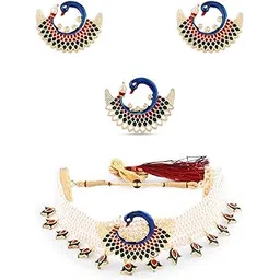 zaveri pearls Multicolor Meenakari Peacock Inspired Multistrand Pearls Choker Necklace Earring & Ring Set For Women-ZPFK14436-picture-29