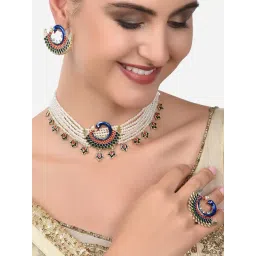 Zaveri Pearls Multicolor Meenakari Peacock Multistrand Choker Necklace Earring & Ring Set-ZPFK14436-picture-32