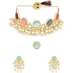 zaveri pearls Multicolor Stones & Cluster Beads Drop Crescent Choker Necklace Earring & Ring Set For Women-ZPFK16081-picture-30