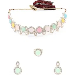 zaveri pearls Multicolor Stones Austrian Diamonds Kundan Necklace Earring & Ring Set For Women-ZPFK18431-picture-15