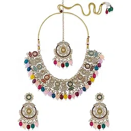 zaveri pearls Multicolor Stones Beads Antique Look Bridal Necklace Earring & Maangtikka Set For Women-ZPFK21160-picture-23