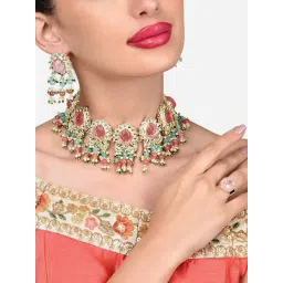 Zaveri Pearls Multicolor Stones Beads Kundan Choker Necklace Earring & Ring Set-ZPFK15935-picture-15