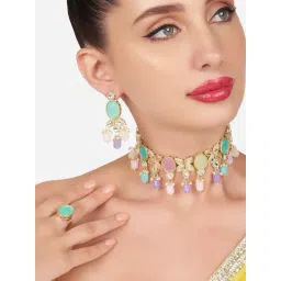 Zaveri Pearls Multicolor Stones Beads Kundan Choker Necklace Earring & Ring Set-ZPFK16117-picture-17