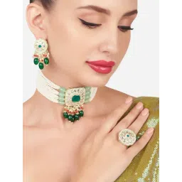 Zaveri Pearls Multicolor Stones Beads Multistrand Kundan Choker Necklace Earring Ring Set-ZPFK16124-picture-19