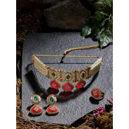 Zaveri Pearls Multicolor Stones Diamonds Multistrand Choker Necklace Earring & Ring Set-picture-27