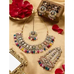 Zaveri Pearls MulticolorStones Beads Antique Necklace, Earrings, Maangtikka & Jhoomar Set-picture-34