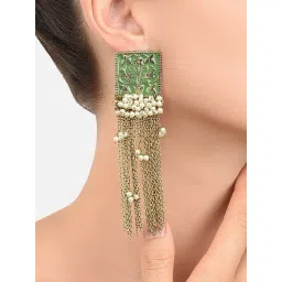 Zaveri Pearls Pastel Green Meenakari Chain Fringe Clustered Pearls Drop Earrings-ZPFK10137-picture-27
