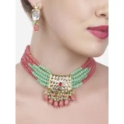 Zaveri Pearls Peach & Green Multistrand Beaded Choker Necklace & Earring Set-ZPFK13731-picture-37