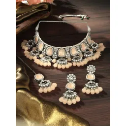 Zaveri Pearls Peach Silver Plated Kundan Cluster Drops Necklace Earring Maangtikka Set for Women-picture-13