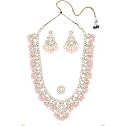 zaveri pearls Pink Dazzling Kundan & Beads Ethnic Long Bridal Necklace Earring & Ring Set For Women-ZPFK21757-picture-12