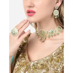 Zaveri Pearls Pink Green Beads Drop Traditional Kundan Choker Necklace Earring & Ring Set-ZPFK14717-picture-14
