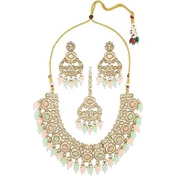 zaveri pearls Pink Mint Green Stones Beads Dazzling Necklace Earring & Maangtikka Set For Women-ZPFK21595-picture-25