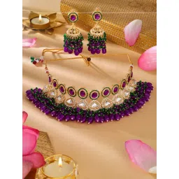 Zaveri Pearls Purple Green Stones Cluster Beads Diamonds Choker Necklace & Earring Set-ZPFK18220-image-49