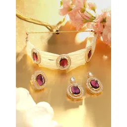 Zaveri Pearls Purple Multistrand Austrian Diamonds Choker Necklace Earring & Ring Set for Women-picture-31