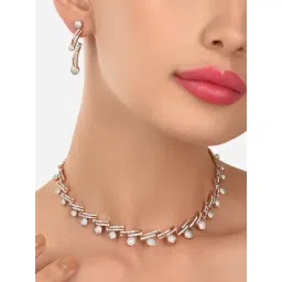 Zaveri Pearls Rose Gold Cubic Zirconia Contemporary Bling Necklace & Earring Set-ZPFK15229-picture-27