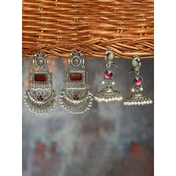 Zaveri Pearls Set of 2 Contemporary Silver-Plated Chandbalis Earrings-picture-24