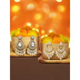Zaveri Pearls Set Of 2 Gold-Plated Artificial Stones Studded & Beaded Drop Earrings-picture-21