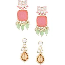 zaveri pearls Set of 2 Multicolor Ethnic Enamel Yellow Gold Drop Earrings For Women-ZPFK15181-picture-14
