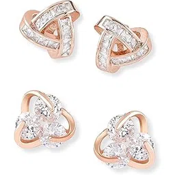 zaveri pearls Set of 2 Rose Gold Contemporary Cubic Zirconia Brass Stud Earrings For Women-ZPFK11150-picture-13