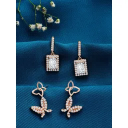 Zaveri Pearls Set of 2 Rose-Gold Plated & White Cubic Zirconia Contemporary Drop Earrings-picture-39
