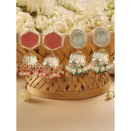 Zaveri Pearls Set of 2 Turquoise Blue & Peach Stones & Beads Traditional Jhumki Earring-ZPFK16848-picture-19