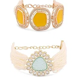 zaveri pearls Set Of 2 Yellow & Turquoise Blue Multistrand Artificial Stones & Beads Ethnic Bracelet For Women-ZPFK16844-picture-51