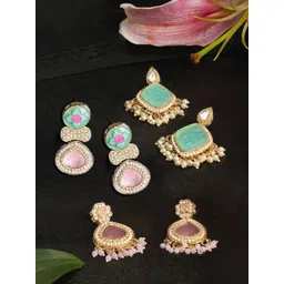 Zaveri Pearls Set of 3 Gold-Plated Teardrop Shaped Stone Studded & Beaded Drop Earrings-picture-29