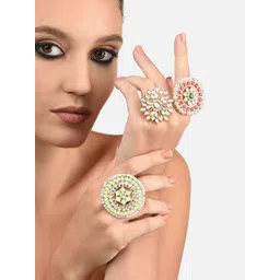 Zaveri Pearls Set of 3 Gold-Plated White Kundan Stone Studded Finger Rings-picture-29