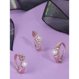 Zaveri Pearls Set Of 3 Rose Gold Plated CZ-Studded Finger Ring-picture-34
