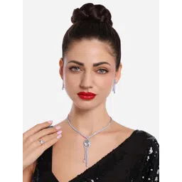 Zaveri Pearls Silver-Plated Cubic Zirconia-Studded Lariat Necklace Earring & Ring Set-picture-38