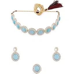 zaveri pearls Turquoise Blue Cat Eye Austrain Diamonds & Stones Choker Necklace Earring & Ring Set For Women-ZPFK16628-picture-48
