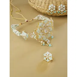 Zaveri Pearls Turquoise Meenakari Multistrand Kundan Choker Necklace Earring & Ring Set-ZPFK13655-picture-16