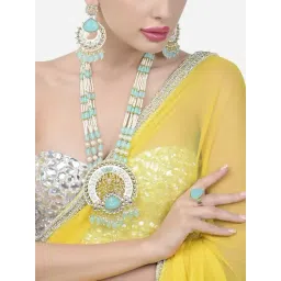 Zaveri Pearls Turquoise White Meenakari Multistrand Pearls Necklace Earring & Ring Set-ZPFK15488-picture-41