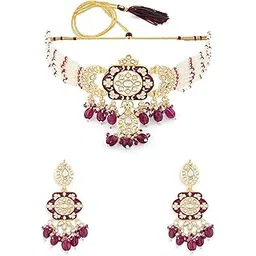 zaveri pearls Wine Meenakari Multistrand Austrian Diamonds Embellished Choker Necklace & Earring Set For Women-ZPFK19140-picture-38