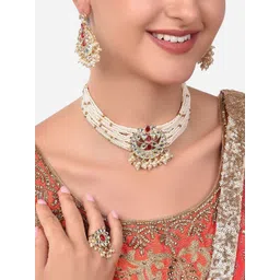 Zaveri Pearls Women Gold-Plated Pink & White Kundan Multistrand Pearl Beaded Jewelry Set-picture-12