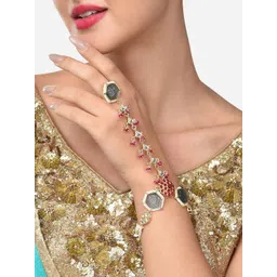 Zaveri Pearls Women Gold Toned & Grey Kundan & Pearls Elegant Ethnic Hand Ring Bracelet-picture-36