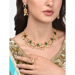 Zaveri Pearls Women Green & Pink Gold-Plated Artificial Stone Studded Temple Jewellery Set-picture-16