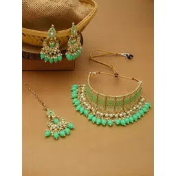 Zaveri Pearls Women Green Stones & Beads Gold-Plated Pearl Beaded Choker Jewellery Set-picture-17