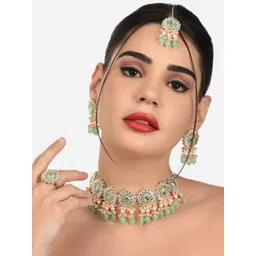 Zaveri Pearls Women Peach & Green Gold-Plated Kundan Choker Jewellery Set-picture-23